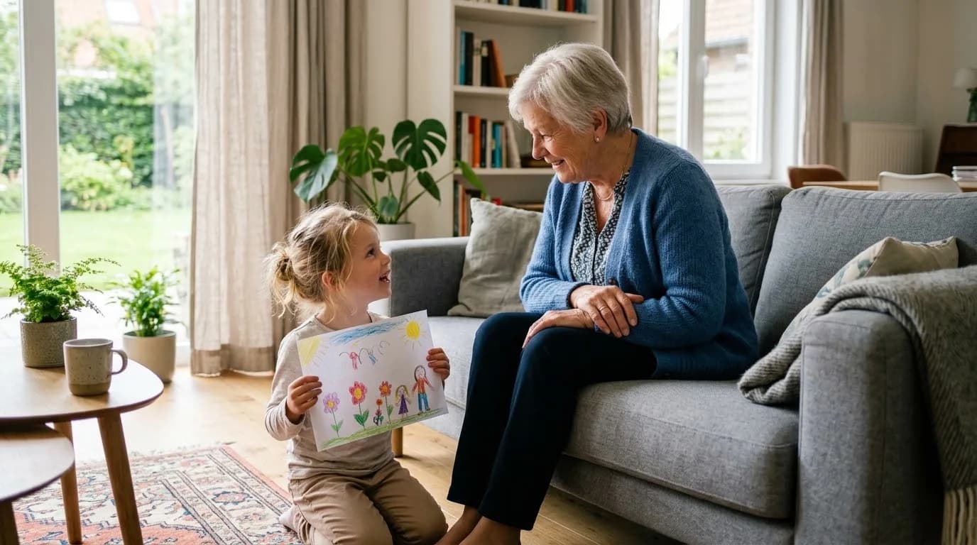 Une grand-mère assise dans son salon écoute sa petite-fille qui lui montre un dessin