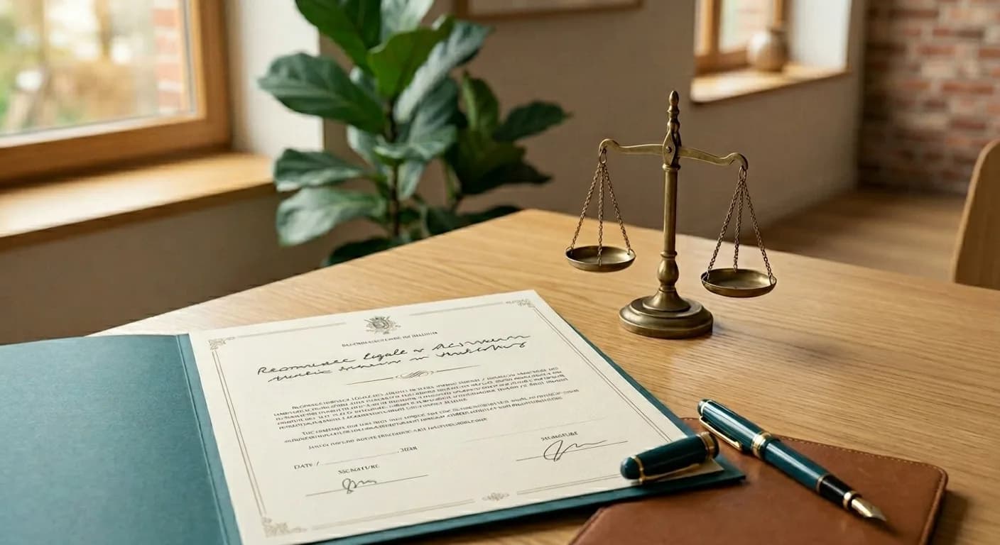 Document officiel de reconnaissance d'aidant proche en Belgique posé sur un bureau, avec une balance de justice en laiton et un stylo plume