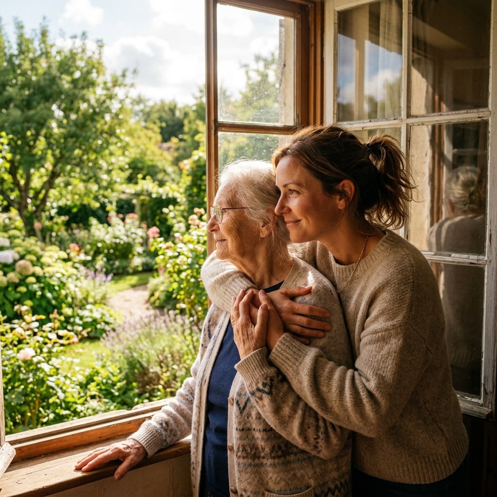 Moment complice entre une fille et sa mère âgée regardant le jardin